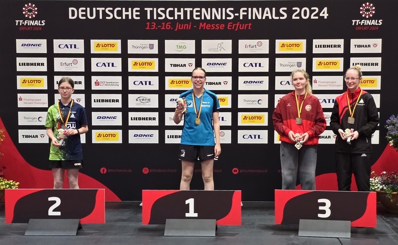 Nebenan wurden auch noch die deutschen Meister der Leistungsklassen gekürt, wie hier in der Klasse Damen B, in der Johanna Fischer vom SV Esting von Vivien Litzka, Josefin Schöneich und Lea Mählis triumphierte (©Gohlke)