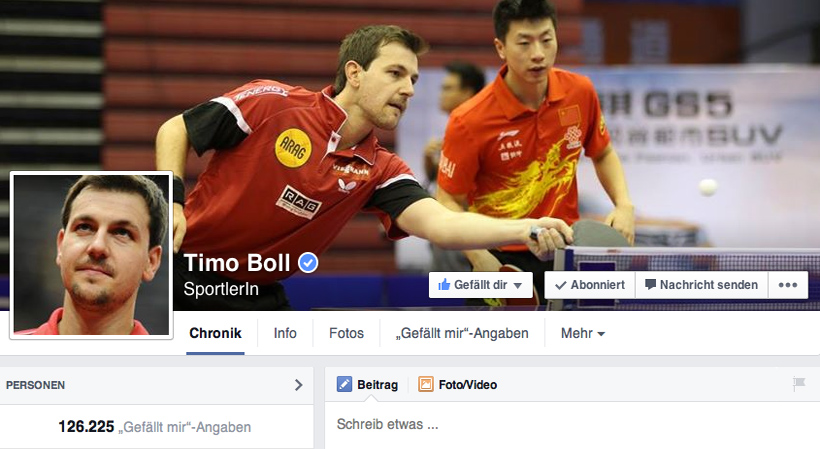 …na klar, Timo Boll! Der Rekordeuropameister ist mit 126.225 Likes (bei Weibo 1,4 Millionen) der unangefochtene 'Facebook-König' unter den Tischtennis-Spielern! (@Facebook/Stand: 11.12.2014)