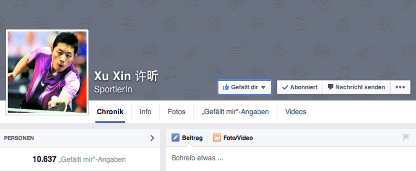 …auf Rang acht der Weltranglistenerste Xu Xin mit 10.637 Likes - während er bei der chinesischen Plattform Weibo mit 1,3 Millionen Fans vertreten ist! (@Facebook/Stand: 11.12.2014)