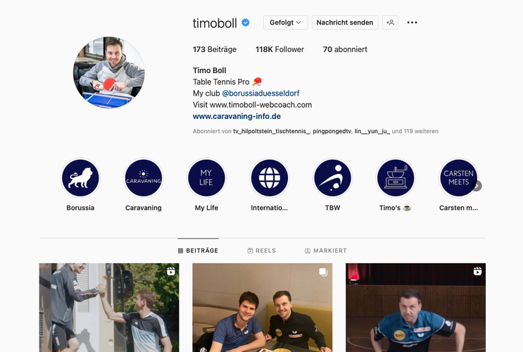 Timo Boll ist mit 118.000 Fans der am zweithöchsten platzierte Deutsche. (©Instagram)