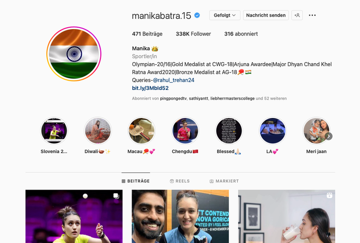 Manika Batra aus Indien gehört mit 338.000 der silberne Rang. (©Instagram)