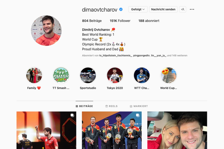 151.000 Menschen mögen das Profil von Dimitrij Ovtcharov. Der Neu-Ulmer ist somit nicht nur der beste Deutsche in der Weltrangliste, sondern auch Führender in unserem Instagram-Ranking. (©Instagram)