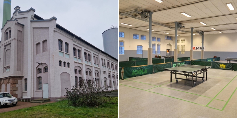 Zum Abschluss ein Gebäude, bei dem man von außen wohl am wenigsten an Tischtennis denkt. Der BSV KMW Mainz (RTTVR) spielt in einem denkmalgeschützten Haus, das um 1900 auf einem alten Kraftwerksgelände gebaut wurde. (©Verein)