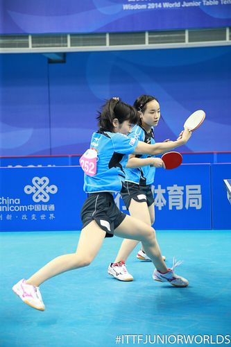 So mussten sich die 14-jährigen German Open-Siegerinnen im Doppel, Mima Ito und Miu Hirano, Doppel-Finale der Mädchen… (©ITTF)