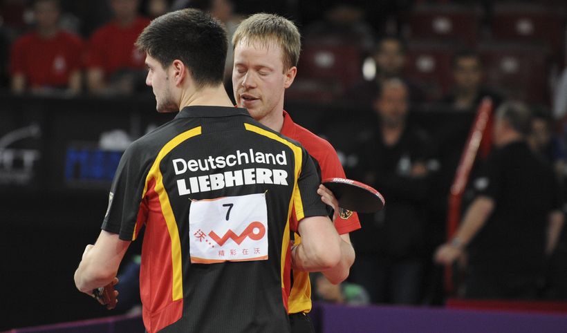 Deutsches Achtelfinale: Patrick Baum bezwingt seinen Kollegen Dimitrij Ovtcharov und zieht überraschend in die Runde der besten Acht ein (©Stosik)